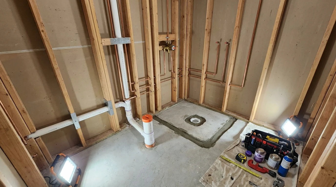 Bathroom rough-in plumbing during remodel by Johns Plumbing LLC in Glouster