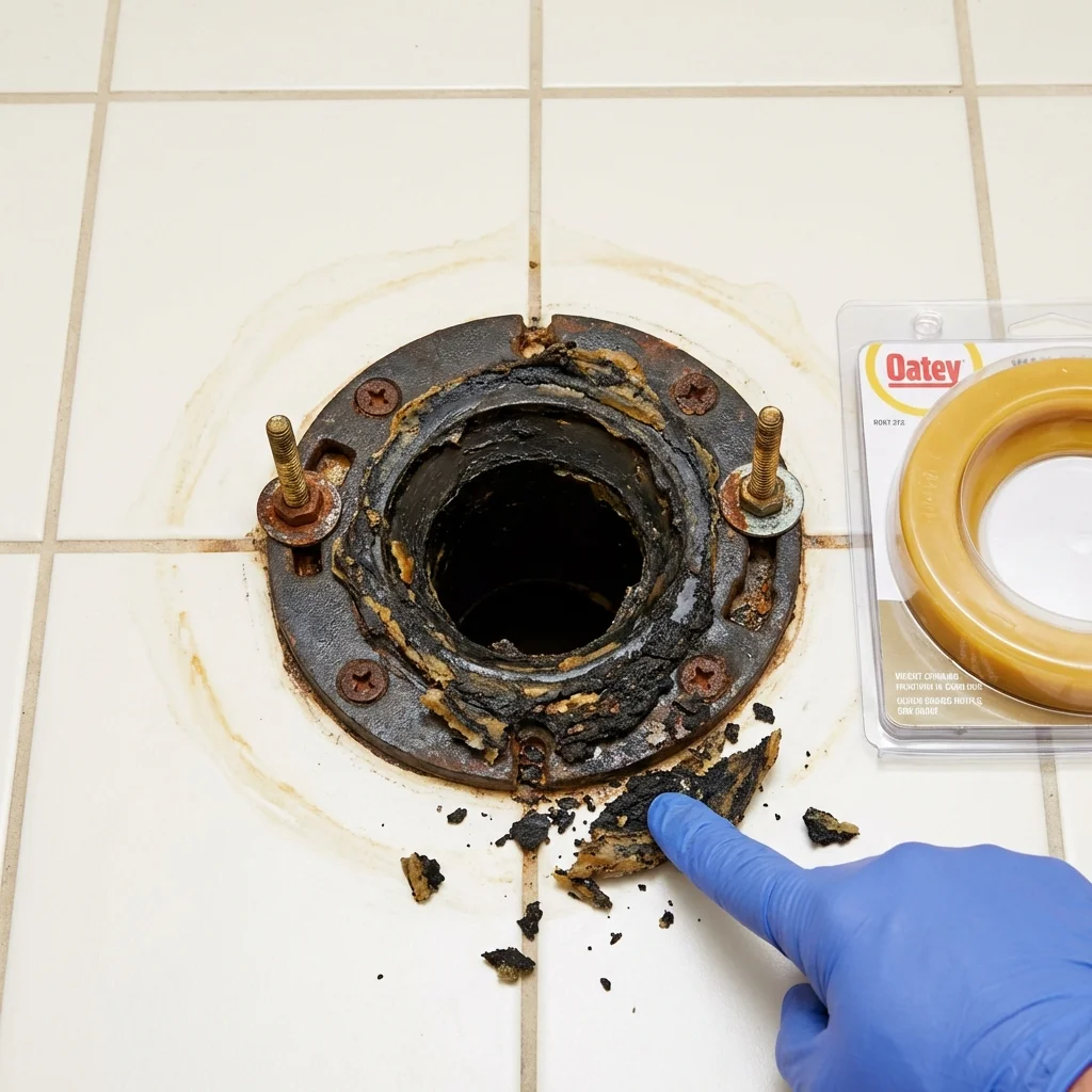 Failed wax ring showing water seepage at the base of a toilet in a Glouster, OH home
