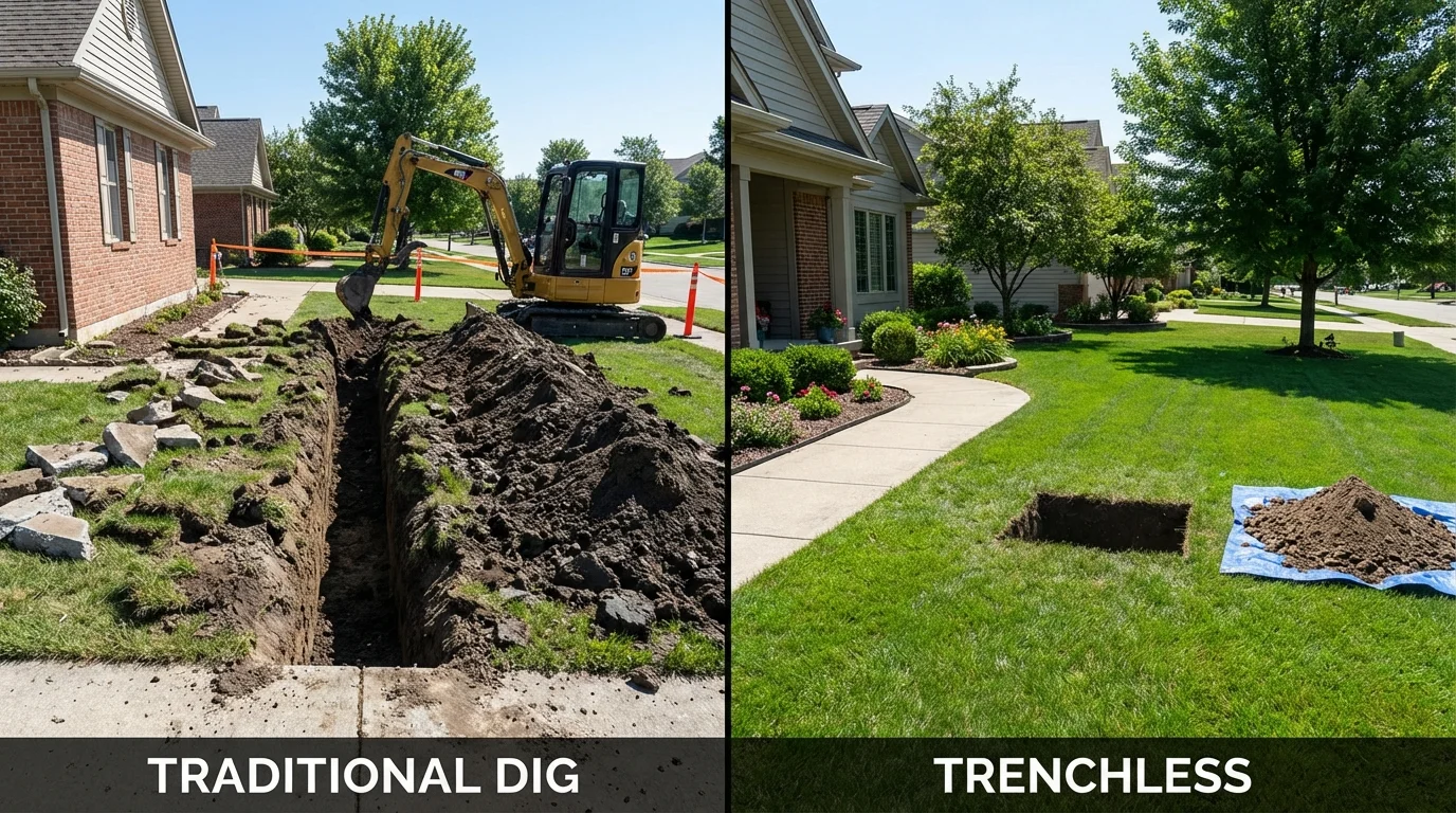 Trenchless sewer repair with minimal yard damage versus traditional excavation in Glouster, OH