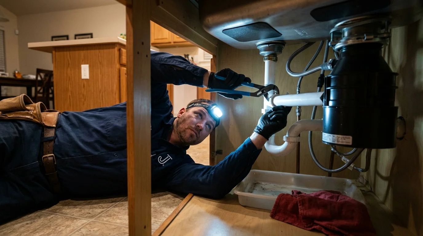P-trap and supply line connections under a kitchen sink showing a common leak point in Glouster, OH